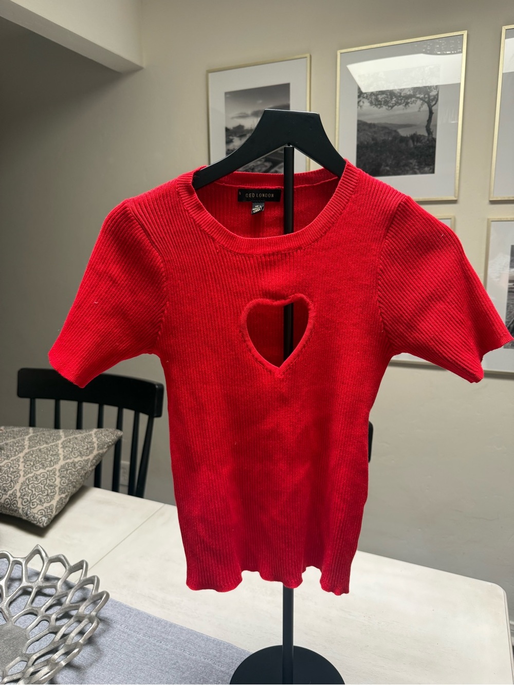 QED London Bright Red Ribbed Tee with Heart Cutout